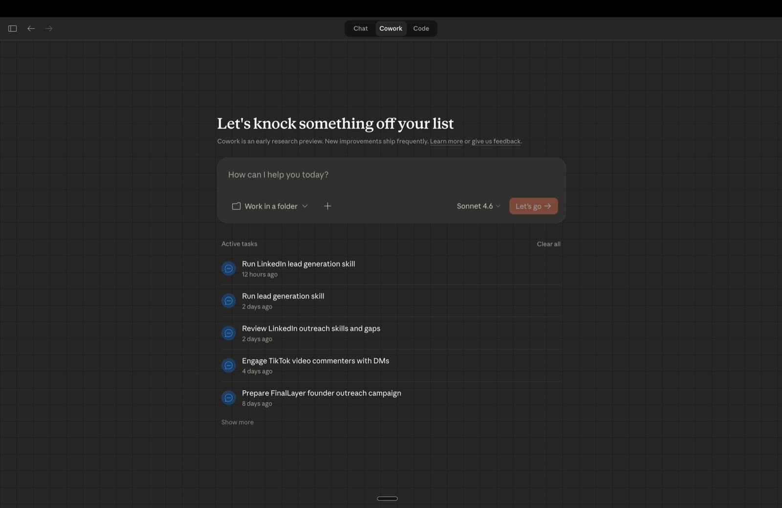 LinkedIn GTM Kit demo — Claude Cowork interface with active LinkedIn outreach skills